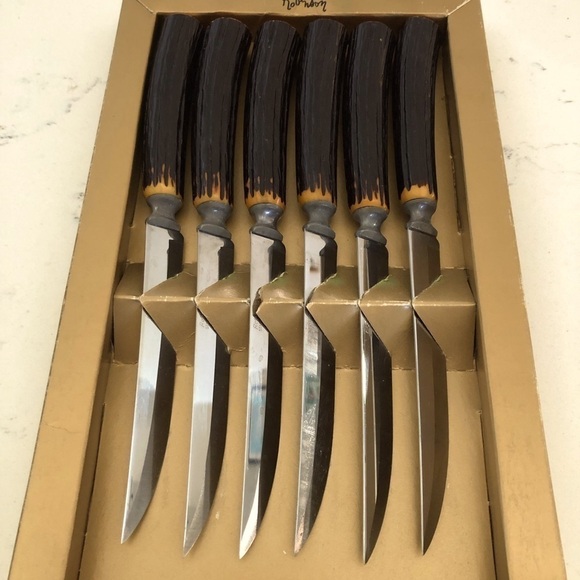 Robinson Steak Knife Set (6) in Original Box VTG-Hollow Antler Style Handles - Picture 1 of 7
